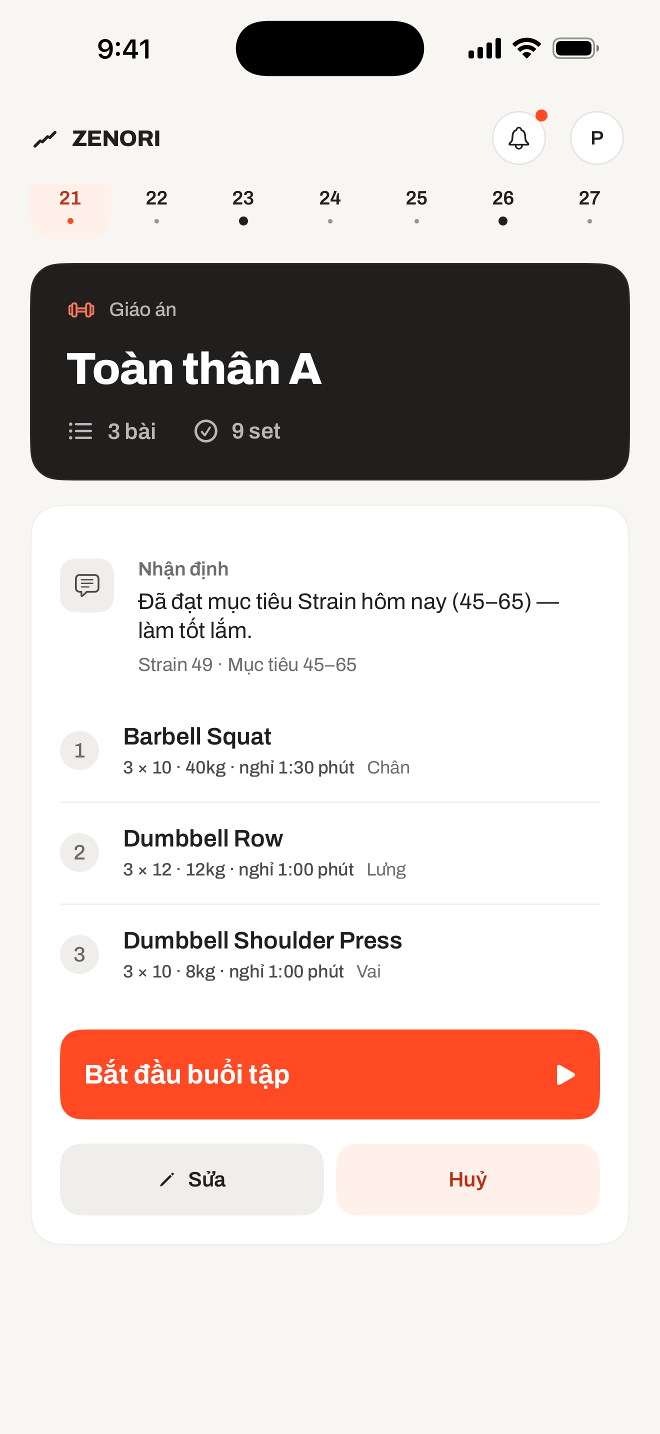 Tab Tập hôm nay: giáo án Toàn thân A gồm Barbell Squat 3 × 10 với 40 kg, nghỉ 1:30 phút, Dumbbell Row 3 × 12 với 12 kg và Dumbbell Shoulder Press 3 × 10 với 8 kg